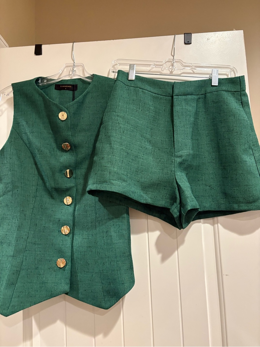 Commense Emerald Green Tweed Vest with Gold Accent Buttons